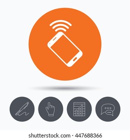 Cellphone icon. Mobile phone communication symbol. Speech bubbles. Pen, hand click and chart. Orange circle button with icon. Vector