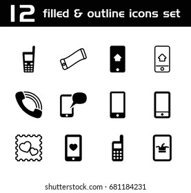 Cellphone icon. set of 12 cellphone filled and outline icons such as poker on phone, heart mobile, phone, call