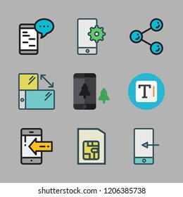 cellphone icon set. vector set about text, share, smartphone and sim card icons set.