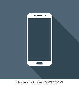 Cellphone icon. White flat icon with long shadow on background