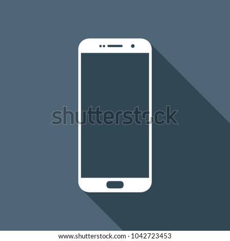 Cellphone icon. White flat icon with long shadow on background