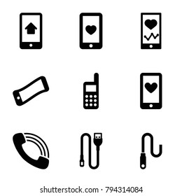 Cellphone icons. set of 9 editable filled cellphone icons such as heartbeat on phone, wavy phone, heart mobile, call