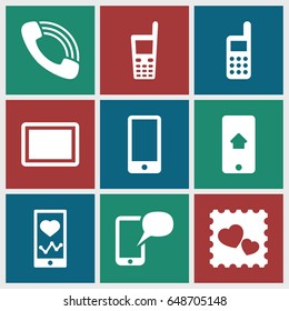 Cellphone icons set. set of 9 cellphone filled icons such as heartbeat on phone, photo with heart, tablet, old phone