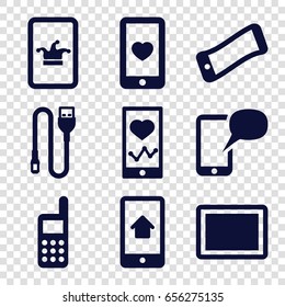 Cellphone icons set. set of 9 cellphone filled icons such as poker on phone, heartbeat on phone, heart mobile, tablet