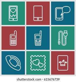 Cellphone icons set. set of 9 cellphone outline icons such as Poker on phone, heartbeat on phone, photo with heart, call