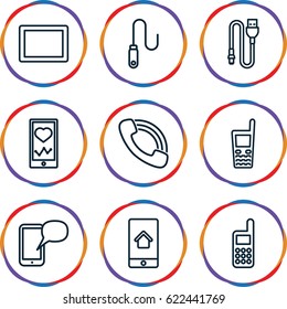Cellphone icons set. set of 9 cellphone outline icons such as heartbeat on phone, tablet, old phone, call