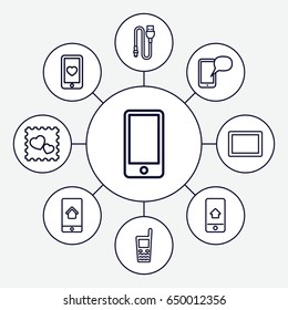 Cellphone icons set. set of 9 cellphone outline icons such as heart mobile, photo with heart, tablet, old phone, phone