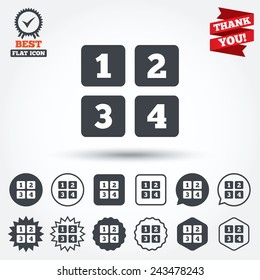 Cellphone keyboard sign icon. Digits symbol. Circle, star, speech bubble and square buttons. Award medal with check mark. Thank you ribbon. Vector