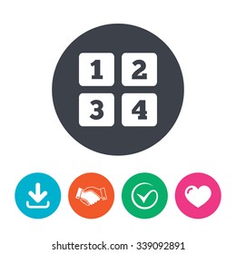 Cellphone keyboard sign icon. Digits symbol. Download arrow, handshake, tick and heart. Flat circle buttons.