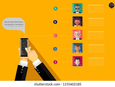 
Cellphone  in left  hand and right hand pointing to confirmation button on the screen ,Social Network Technology,Contact communicate with  People various,Infographic template.
