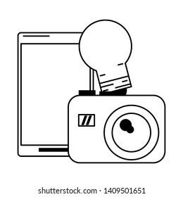 cellphone with light bulb and camera icon cartoon vector illustration graphic design black and white
