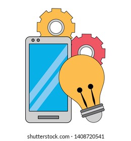 cellphone with light bulb and gears icon cartoon vector illustration graphic design
