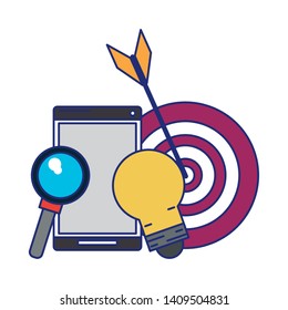 cellphone with light bulb magnifying glass and target icon cartoon vector illustration graphic design