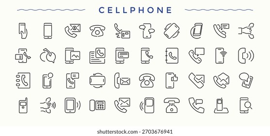Cellphone linear icon collection. Modern thin line style icons. Mobile icon set. Includes thin line symbols device, cellphone, tech, web, app, telephone and more.