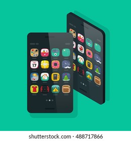 Cellphone or mobile phone isometric and front view vector isolated future slim smartphone with app icon on screen, modern thin 3d cellular smart phone device flat cartoon style