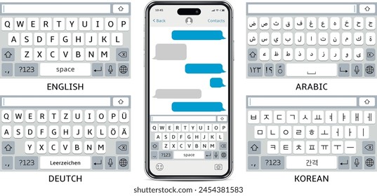 Cellphone mock up virtual keyboards. English, Arabic, German, Korean keyboards set.