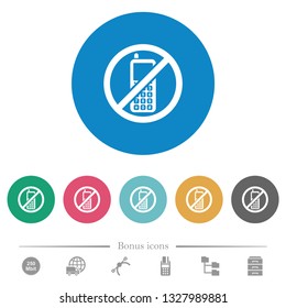 Cellphone not allowed flat white icons on round color backgrounds. 6 bonus icons included.