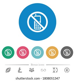 Cellphone not allowed flat white icons on round color backgrounds. 6 bonus icons included.