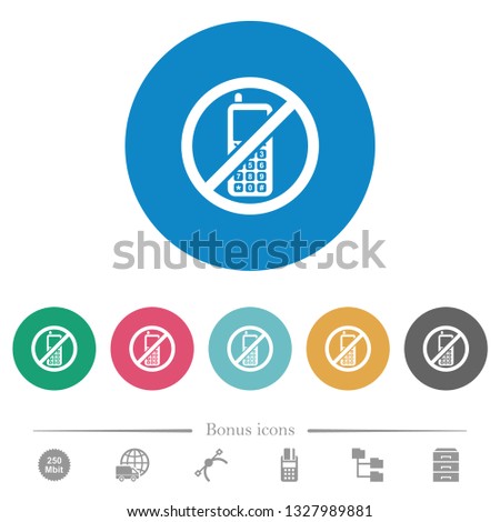 Cellphone not allowed flat white icons on round color backgrounds. 6 bonus icons included.