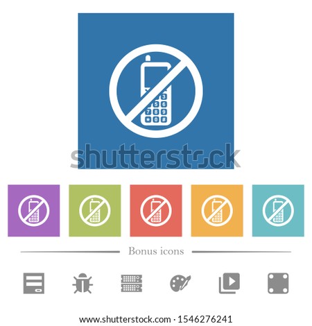 Cellphone not allowed flat white icons in square backgrounds. 6 bonus icons included.