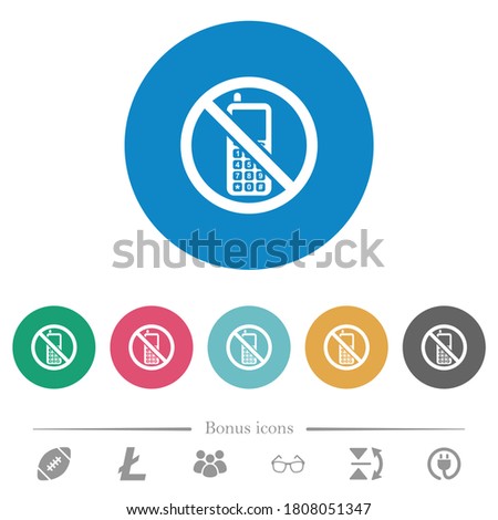 Cellphone not allowed flat white icons on round color backgrounds. 6 bonus icons included.