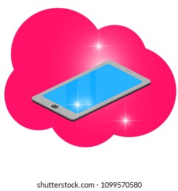 Cellphone on pink sh, vector illustration,iny cloud background,3d isometric flat design,