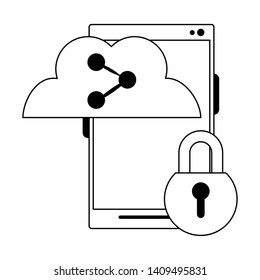 cellphone with padlock and cloud sharing icon cartoon vector illustration graphic design