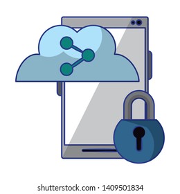cellphone with padlock and cloud sharing icon cartoon vector illustration graphic design