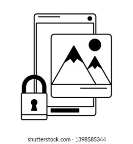 cellphone with padlockand mountain picture black and white