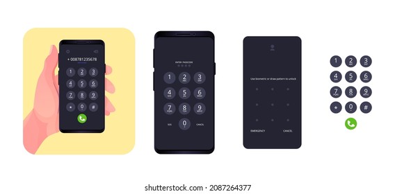 Cellphone with passcode lock screen interface, use biometric or enter pattern pages. Vector illustration isolated on white background.