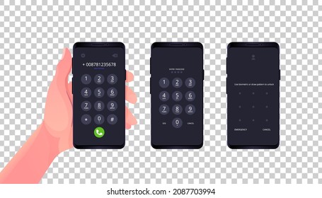 Cellphone With Passcode Lock Screen Interface, Use Biometric Or Enter Pattern Pages. Vector Illustration Isolated On White Background.