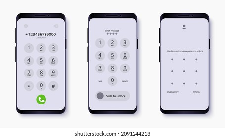 Cellphone With Passcode Lock Screen Interface, Use Biometric Or Enter Pattern Pages. Vector Illustration Isolated On White Background.