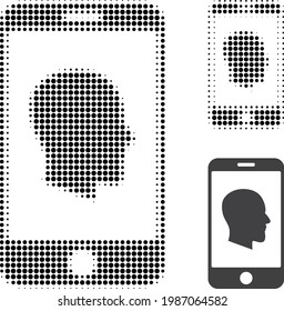 Cellphone profile halftone dotted icon. Halftone array contains round pixels. Vector illustration of cellphone profile icon on a white background.