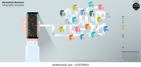 Cellphone in right hand  with  Paper fold,Folder icon,app icon,Infographic template.