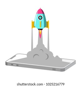 Cellphone with Rocket Launch. Business Startup Symbol. Vector.
