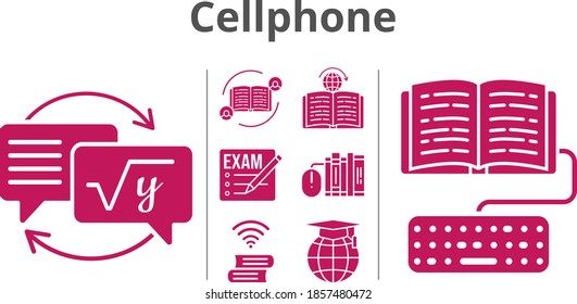 cellphone set. included feedback, exam, books, homework, school, book, learning icons. filled styles.