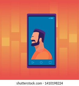cellphone showing a man avatar cartoon character portrait with orange pop art background vector illustration graphic design
