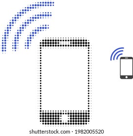 Cellphone signal halftone dot icon illustration. Halftone pattern contains round pixels. Vector illustration of cellphone signal icon on a white background.