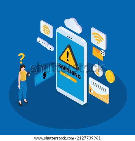 Cellphone smishing isometric 3d vector concept for banner, website, illustration, landing page, flyer, etc.