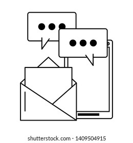 cellphone with speech bubble and envelope icon cartoon vector illustration graphic design black and white