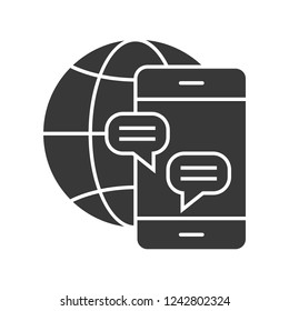 cellphone with speech bubble and globe, communication concept solid icon
