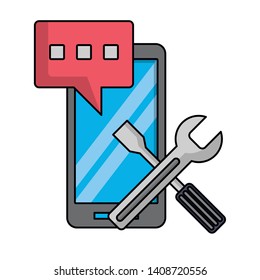 cellphone with speech bubble with wrench and screwdriver tools icon cartoon vector illustration graphic design