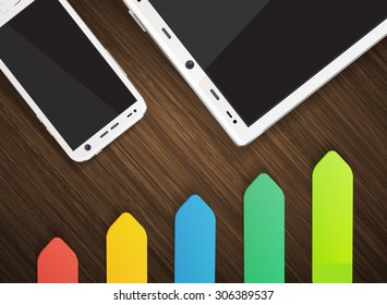 Cellphone and tablet with colorful stickers on wooden background vector illustration