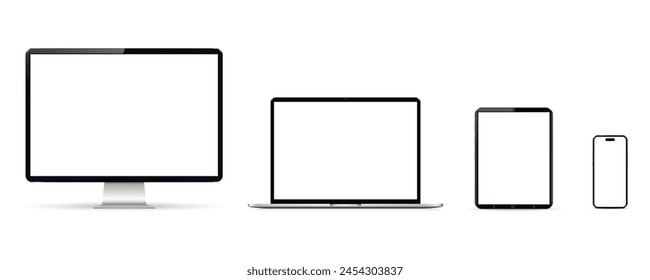 Cellphone, tablet, laptop and computer monitor with blank screen mockup