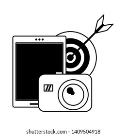 cellphone target and camera icon cartoon vector illustration graphic design black and white