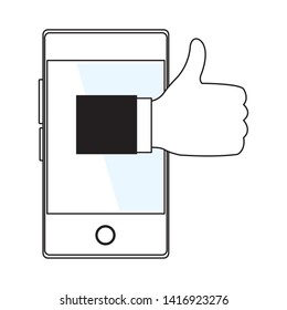 cellphone and thumb up with a suit sleeve icon cartoon isolated in black and white vector illustration graphic design