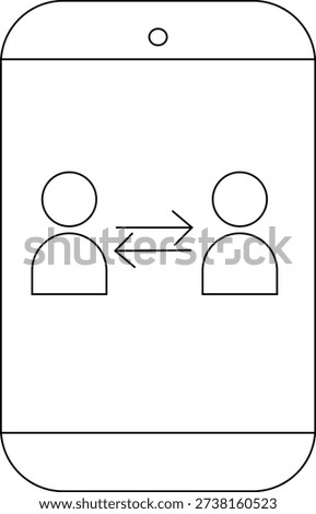 A cellphone with two simplistic person icons and a doubleheaded arrow between them