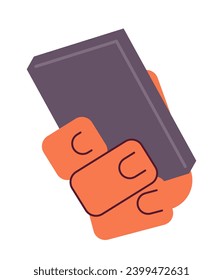 Teléfono móvil con ilustración de la mano del personaje de dibujos animados. Smartphone con imagen vectorial 2D aislada en fondo blanco. Navegando por Internet con mensajes de texto. Color del cliente plano editable de la llamada de dispositivo
