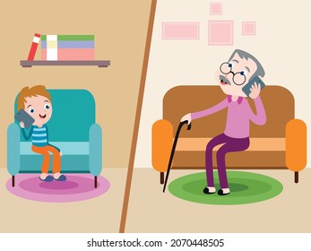 Cellphone vector concept. Cute little boy chatting with his grandfather on the cellphone while sitting on the couch