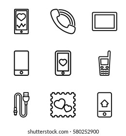 cellphone vector icons. Set of 9 cellphone outline icons such as heartbeat on phone, heart mobile, photo with heart, phone, tablet, call